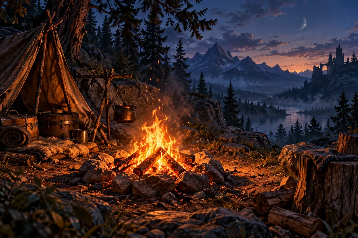 Original fantasy illustration of Campfire Buffs; not a game screenshot
